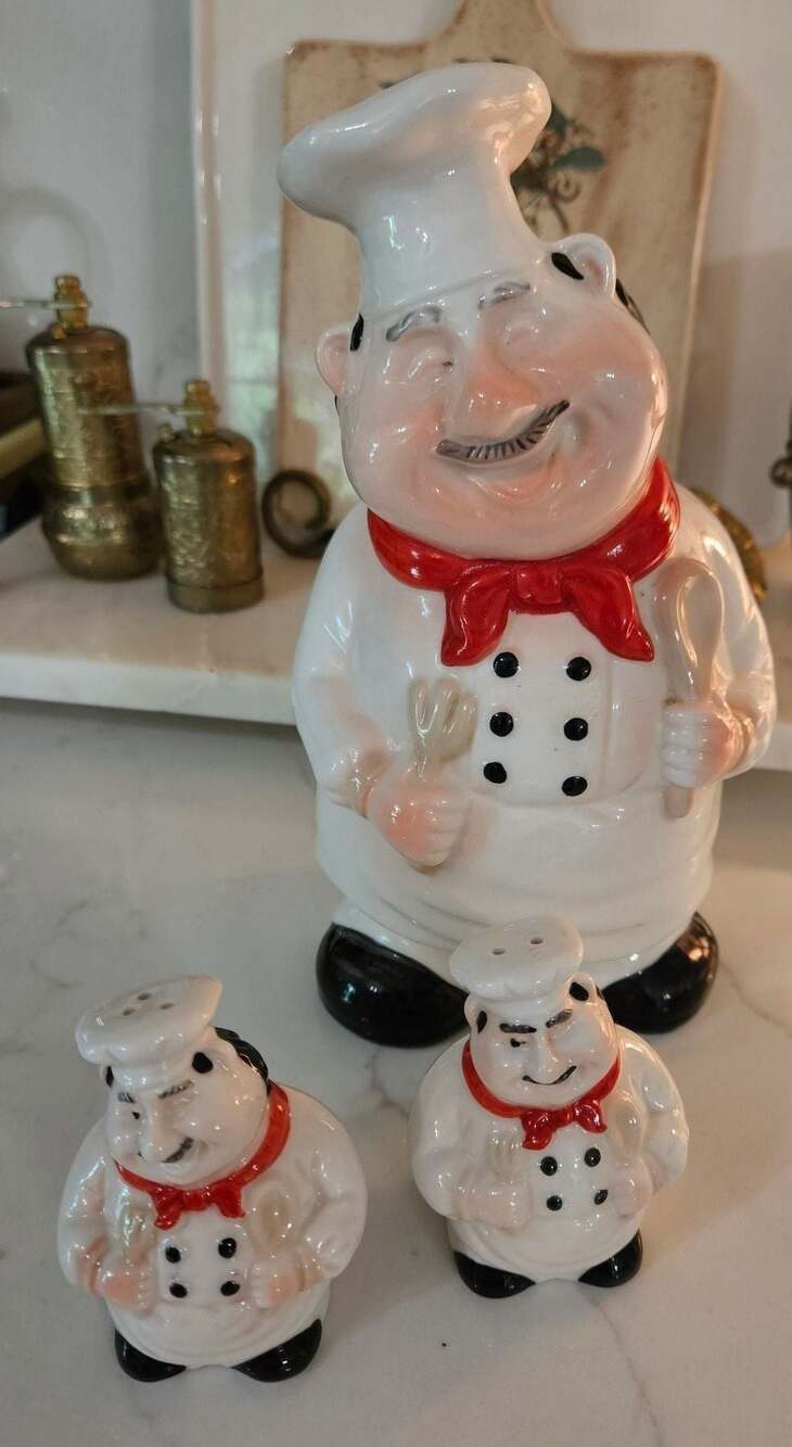 Vintage Ceramic Chef Utensil Holder and Matching Salt & Pepper Shakers